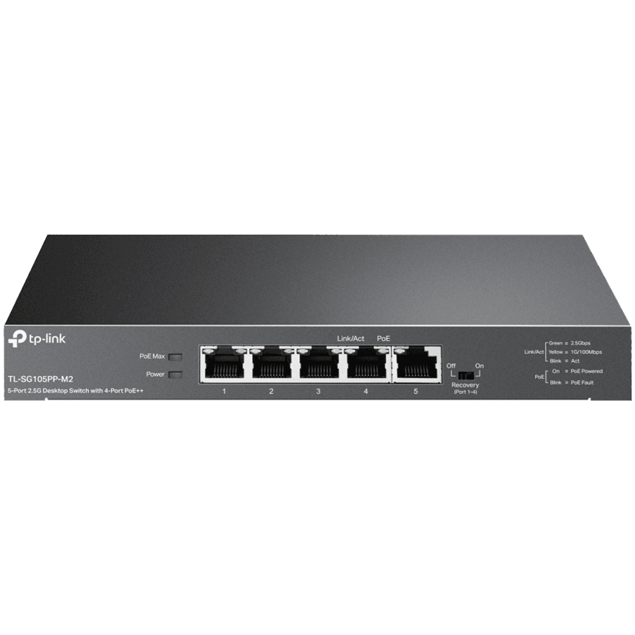5-Port 2.5G Desktop Switch with 4-Port PoE++ PORT: 4× 2.5G PoE++ Ports, 1x 2.5G Non-PoE PortSPEC: 802.3af/at/bt type3, 123 W PoE Power, Desktop Steel CaseFEATURE: PoE Auto Recovery for Port1-4, Plug and Play