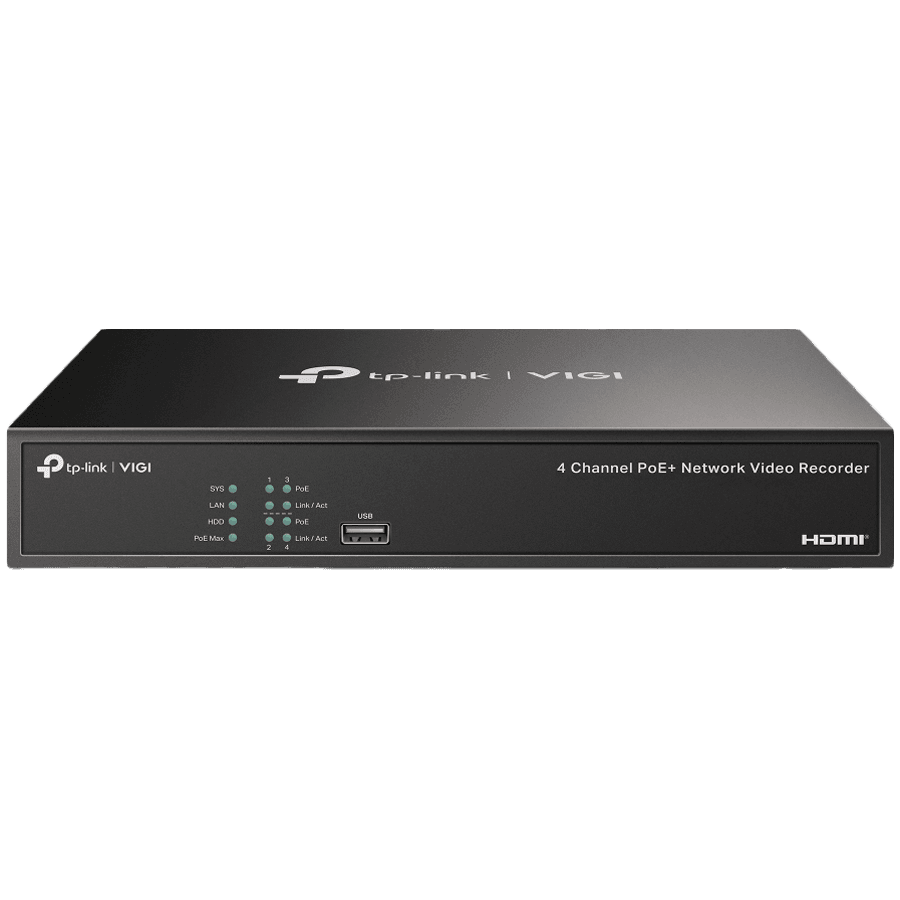 4 Channel PoE Network Video Recorder- Built in 2TB HDD  H.265+/H.265/H.264+/H.264, Up to 8MP resolution, Decoding capability/4-ch @4MP,80 Mbps Incoming Bandwidth(up to 4 channels),4× 10/100 Mbps PoE+ Ports, Max Output 53W, 802.3 af/at