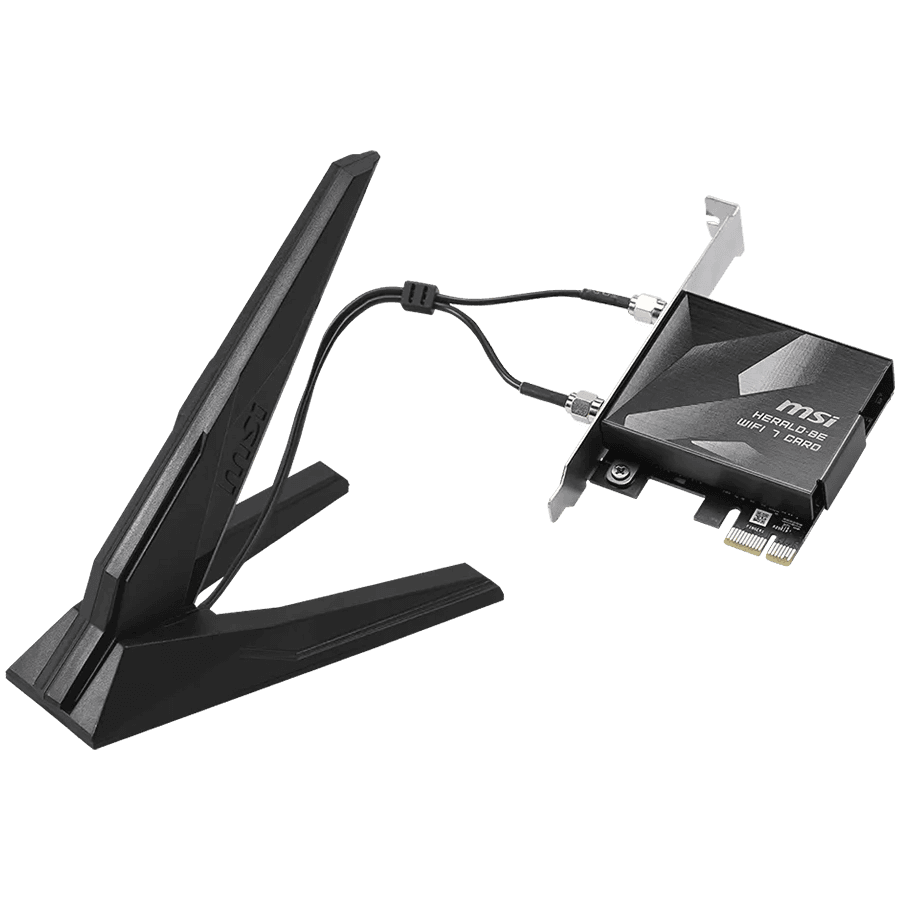 MSI HERALD BE9400 WiFi 7 PCIe Card, 2.4GHz, 5GHz, 6GHz, BT 5.4, WPA-PSK, WPA2-PSK / Enterprise, WPA3-Personal / Enterprise, 2x High-Gain Tri-Band Antennas