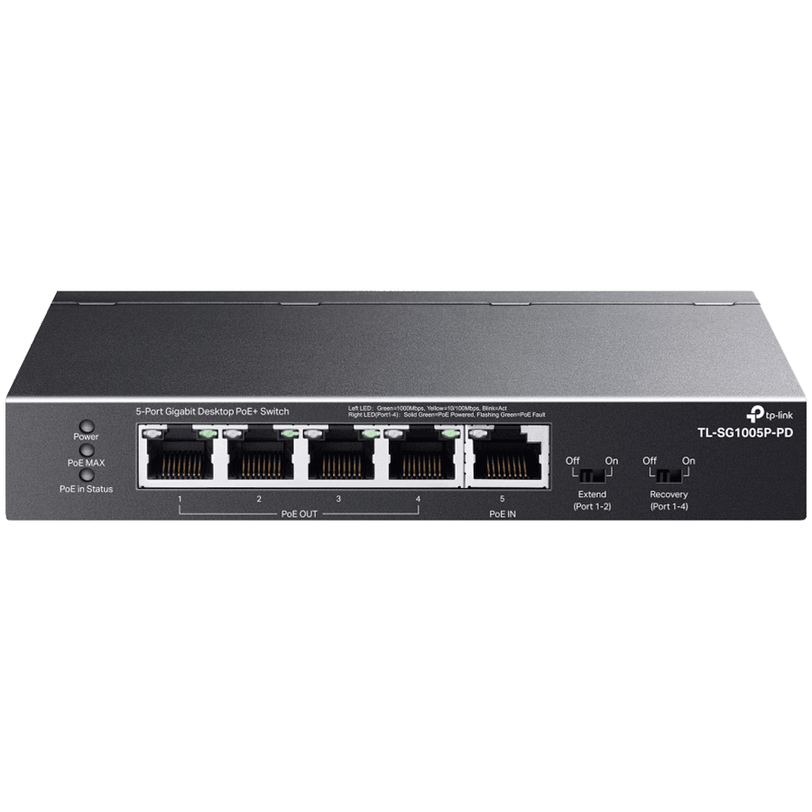 5-Port Gigabit Desktop Switch with 1-Port PoE++ In and 4-Port PoE+ Out 4× Gigabit PoE+ Out Ports, 1× Gigabit PoE++ In Port PoE Out Ports support 802.3af/at, PoE In Port supports 802.3af/at/bt type3/bt type4