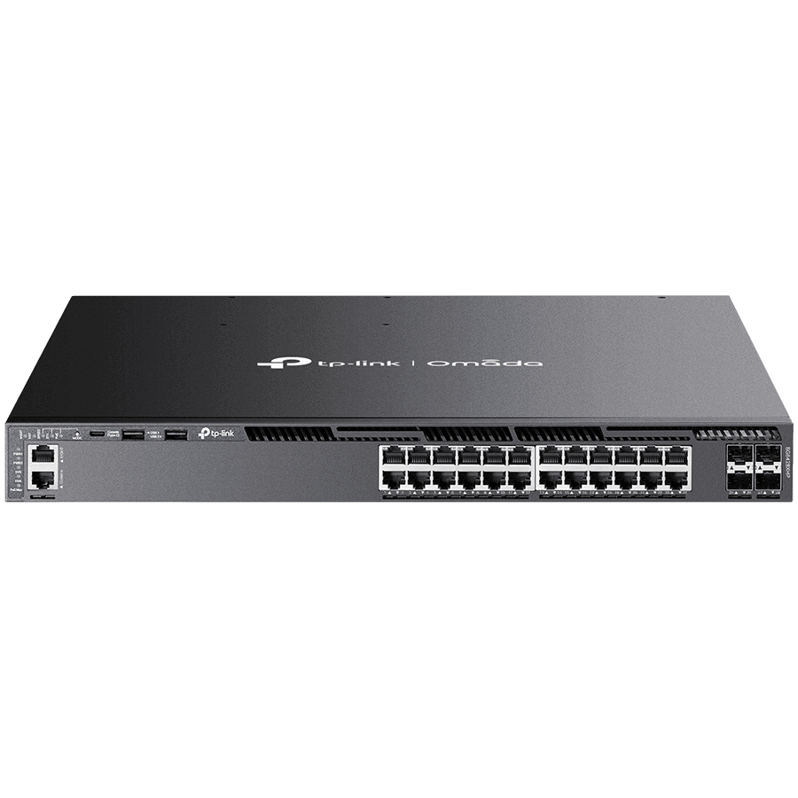 Omada 24-Port Gigabit Stackable L3 Managed Switch 24× Gigabit RJ45 Ports, 4× 10G SFP+ Slots, RJ45/Type C USB Console Port, Management Port, 2× USB2.0 Ports 1U 19-inch Rack-mountable Steel Case Integration with Omada SDN Controller