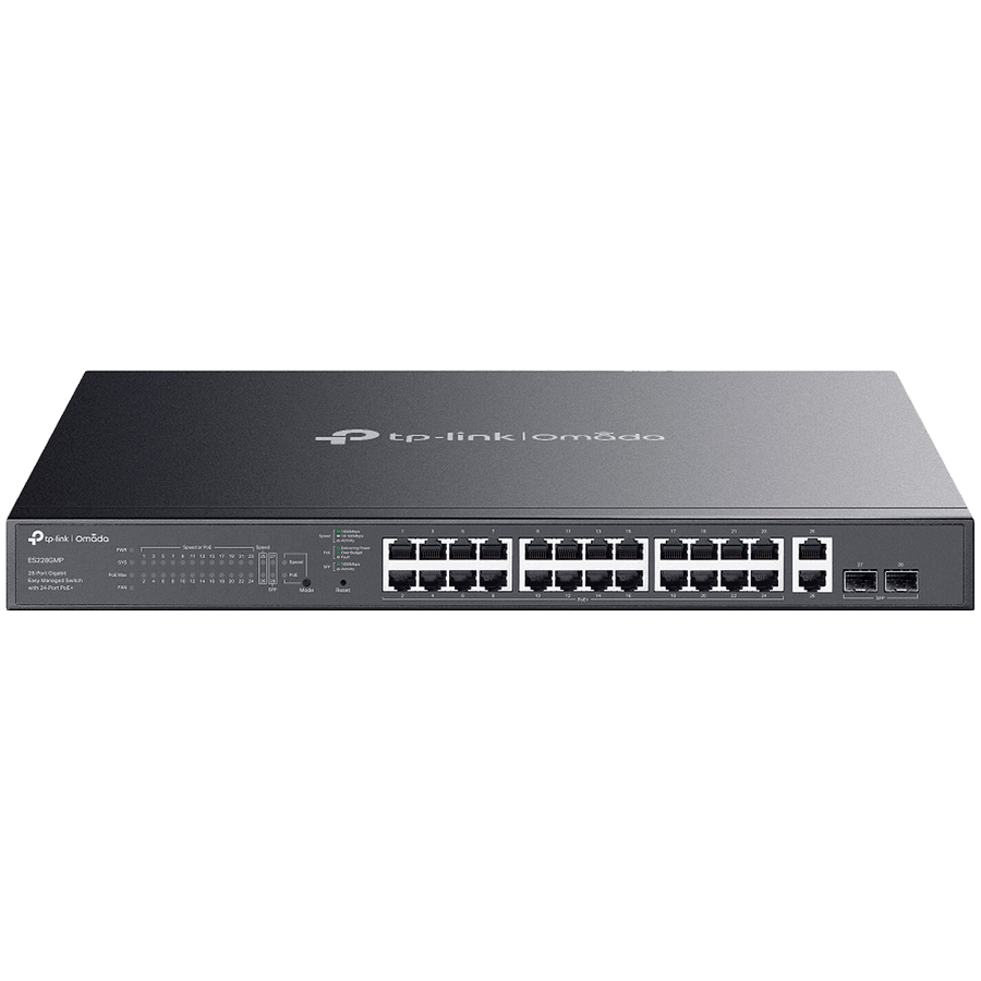 TP-Link ES228GMP Omada 28-Port Gigabit Easy Managed Switch with 24-Port PoE+, 24x Gigabit PoE+ Ports, 2x Gigabit Non-PoE Ports, 2x Gigabit SFP Ports, 384W PoE Power, 1U 19-inch Rack-mountable Steel Case, Omada App.Fast PoE,Perpetual PoE,Flow Control