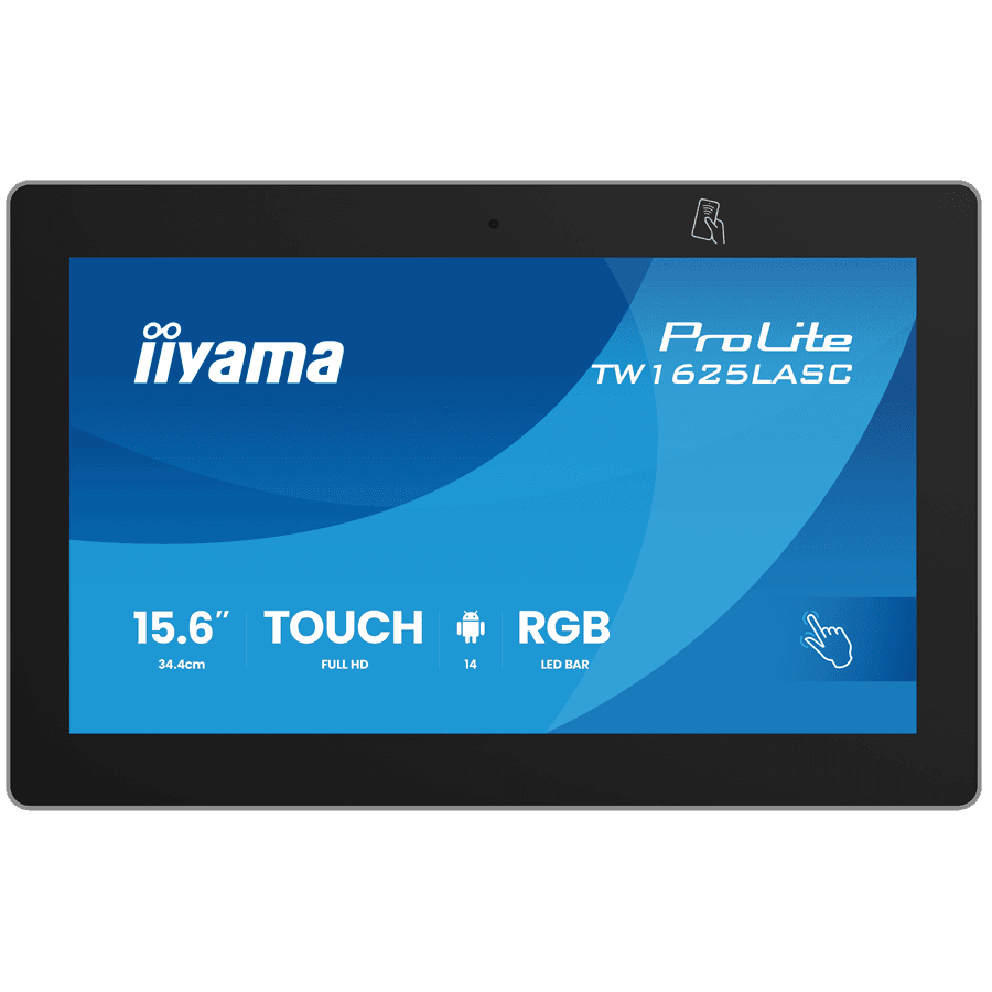 ProLite TW1625LASC-B3PNR 15.6 PCAP 10pt touch, IPS, 1920x1280, 450 cd/m2, 1000:1, 20 ms, USB x3, RJ45, 178/178, 89/89, PoE, NFC/RFID reader, RGB LED bar, Android 14