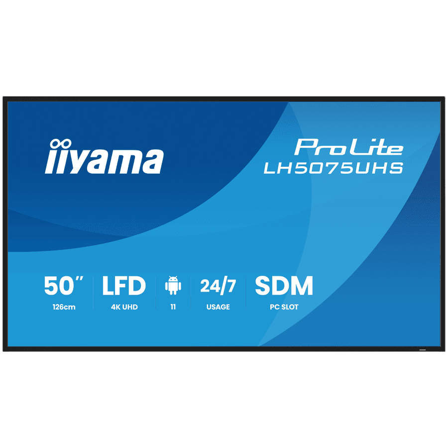 50" 3840x2160, UHD VA panel, Haze 25%, 500cd/m2, Landscape and Portrait, Signal FailOver, Speakers 2x10W, HDMI 3x, DisplayPort, DP-out (MST/HDMI/Mirror/Tiling), USB 2.0 x2, WiFi, LAN, Media Play USB Port, Control LAN/RS232C, iiSignage2 (CMS/DMS)