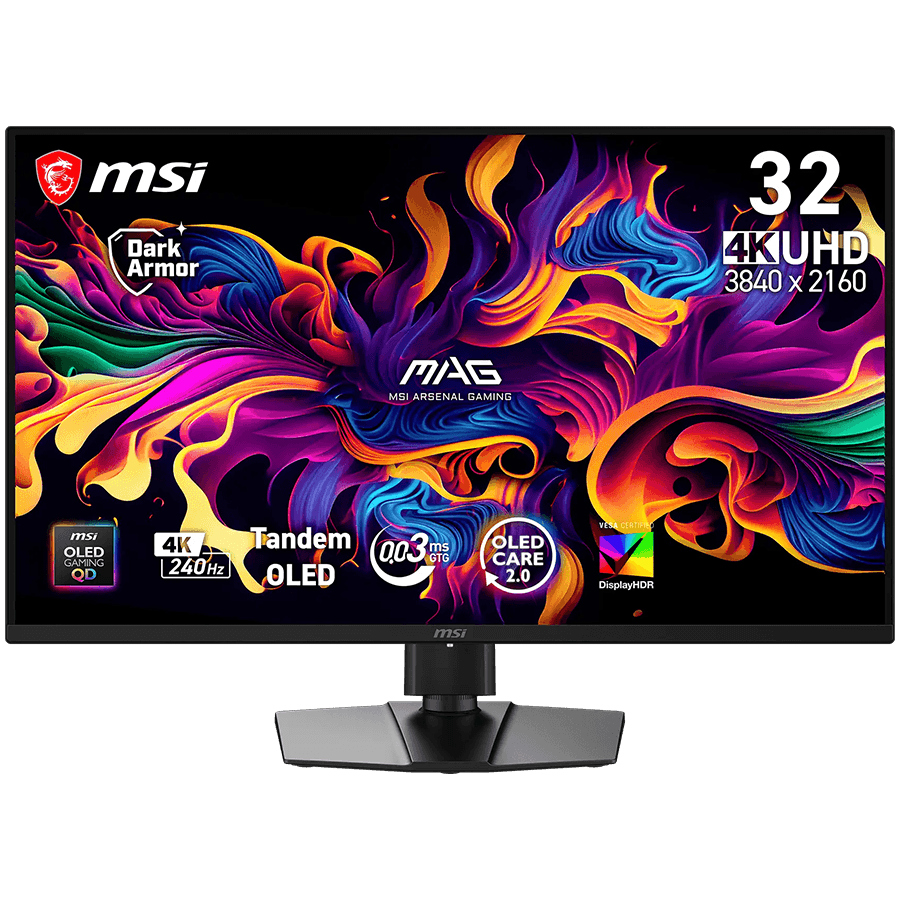 MSI MAG 321UP QD-OLED X24, 31.5", 3840x2160 (UHD), 16:9, 300nits, 240Hz, 0.03ms, NVIDIA G-SYNC, AMD FreeSync Premium Pro, 1x DP 1.4a, 2x HDMI 2.1, 1x USB 2.0 Type-C (DP alt.) w/ 15W PD, VESA