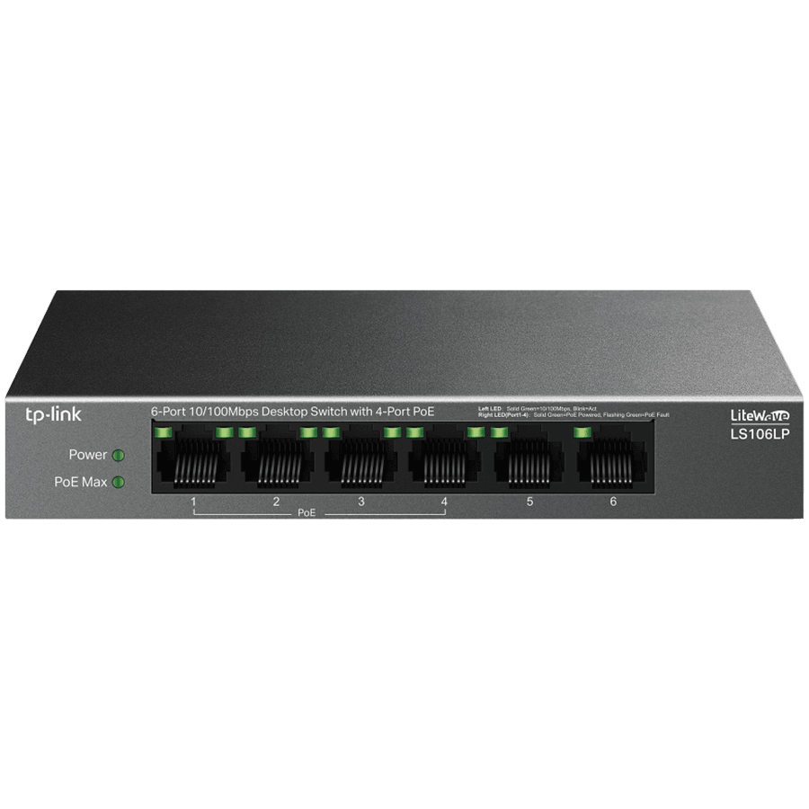 TP-Link LS106LP 6-Port 10/100 Mbps Desktop Switch with 4-Port PoE, 4× 10/100 Mbps PoE Ports, 2× 10/100 Mbps Non-PoE Ports, 802.3af, 41 W PoE Power, Desktop Steel Case, Extend Mode for 250m PoE Transmitting, PoE Auto Recovery, Plug and Play
