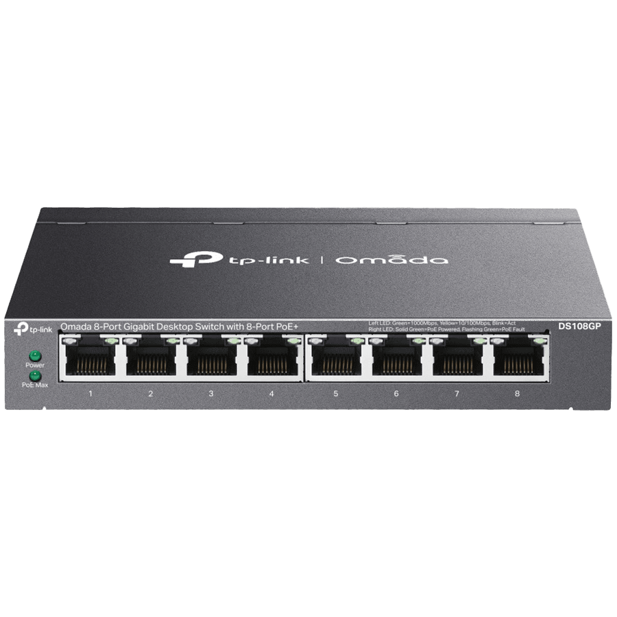 Omada 8-Port Gigabit Desktop Switch with 8-Port PoE+ 8× Gigabit PoE+ Ports 802.3af/at, 64 W PoE Power, Desktop Steel Case Plug and Play
