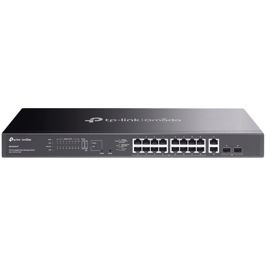 TP-Link ES220GMP Omada 20-Port Gigabit Easy Managed Switch 16 x Gigabit PoE+ Ports, 2 x Gigabit Non-PoE Ports, 2 x Gigabit SFP Ports, 250W PoE Power, Rack-mountable, Omada App, Flow Control, Loopback Detection,Port Isolation,Port Mirroring,LAG,VLAN