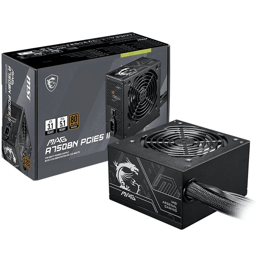 MSI MAG A750BN PCIE5 II, 750W 80+ Bronze, ATX 3.1, PCIe 5.1, 120mm Fan, Active PFC, OVP, OCP, SCP, OPP, UVP